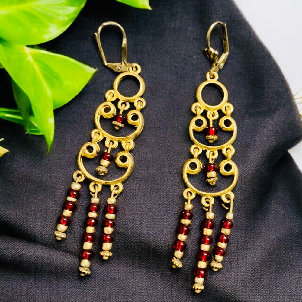 Vintage Gold Filigree Chandelier Earrings with Red Beaded Accents